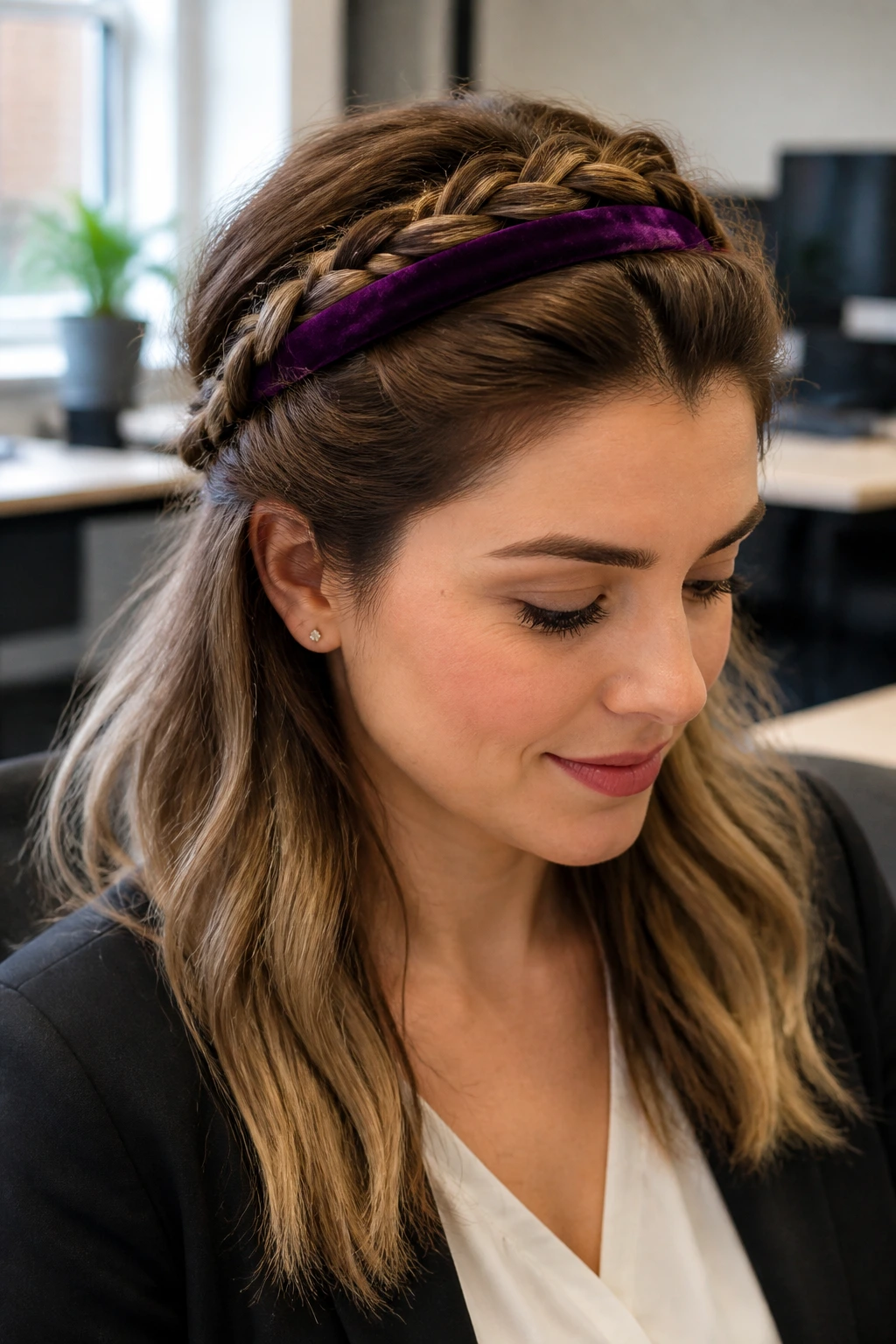 Portrait of a real woman with braided half-up halo and purple velvet band in an office