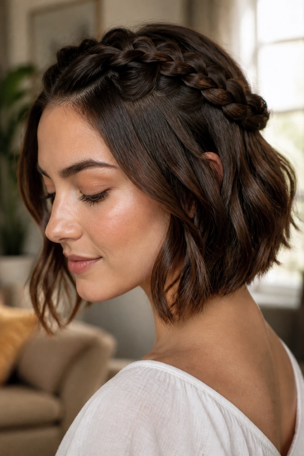 Close-up of The Braided Halo for Bob Cuts on a real woman with halo braids.