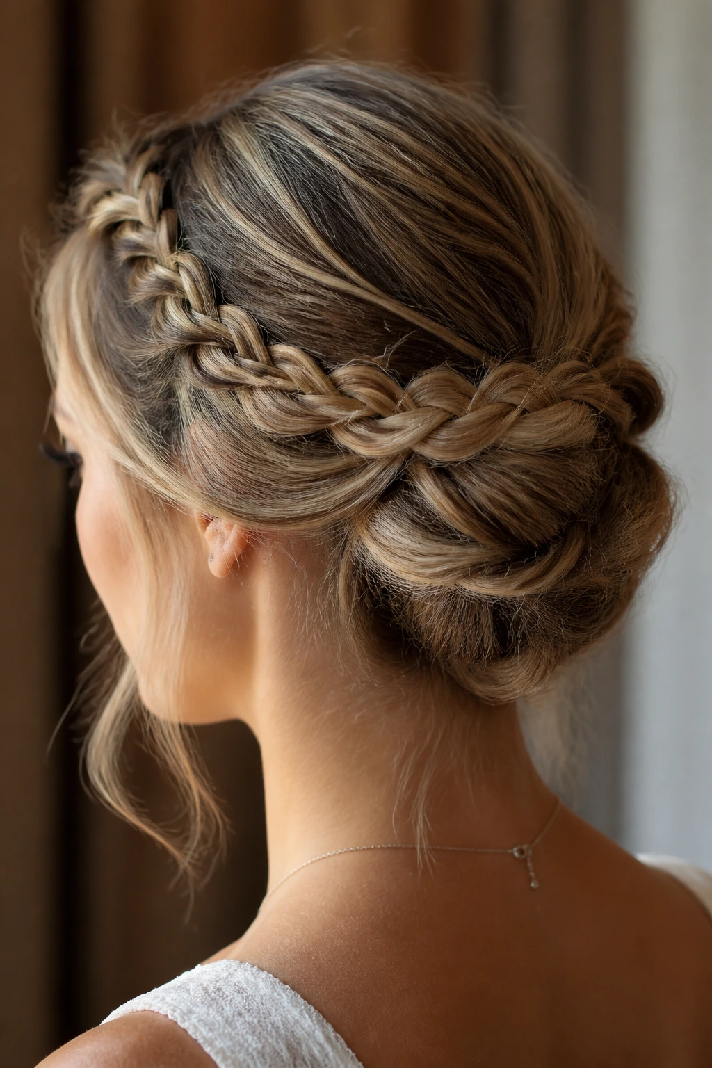 Close-up of a real woman with front braids forming a halo chignon