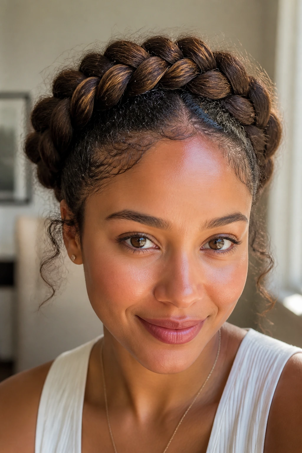Close-up of a real woman with a braided halo crown around her head