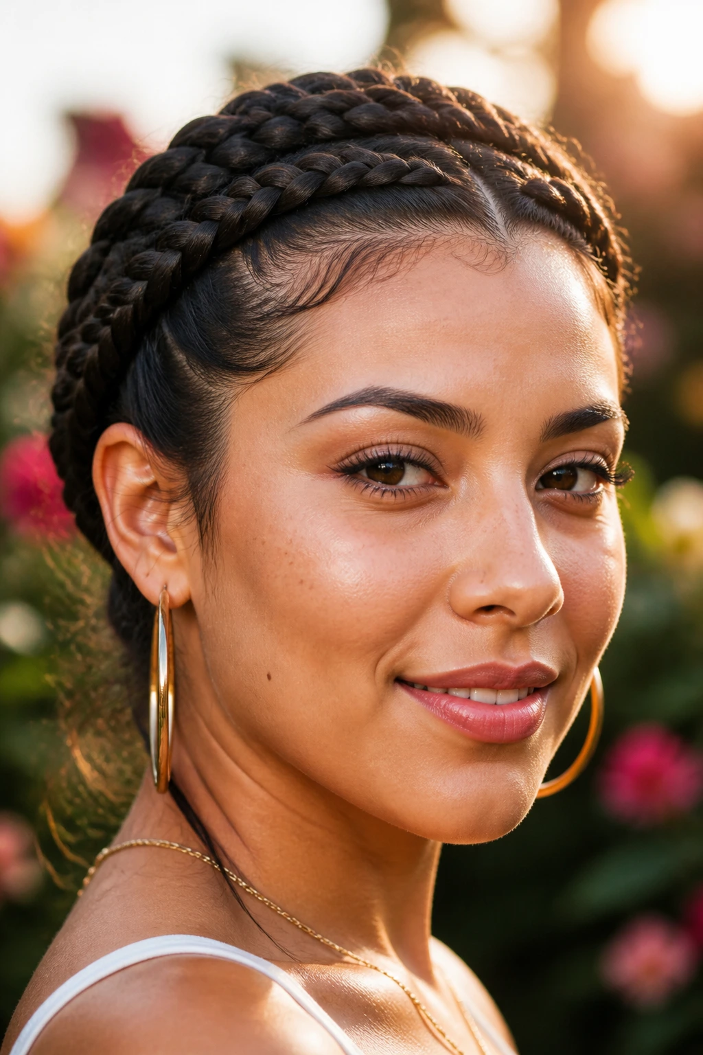 Close-up portrait of a person with front braids curved into a crown-like halo.