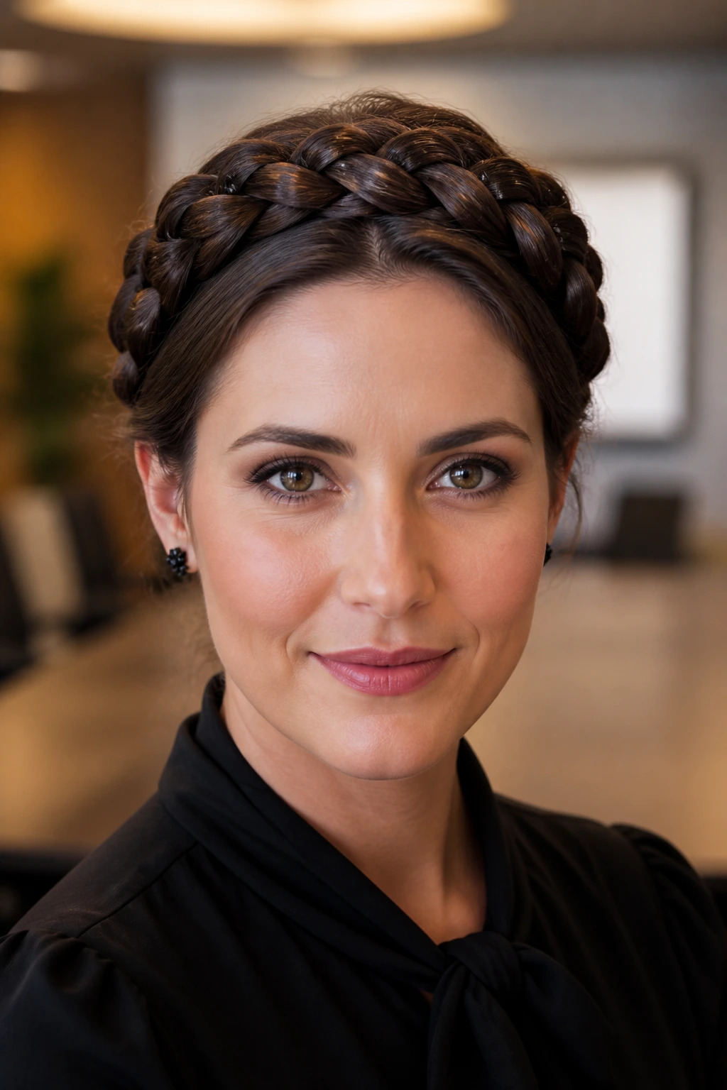Close-up of a real woman with a braided halo and hidden gems in a refined office