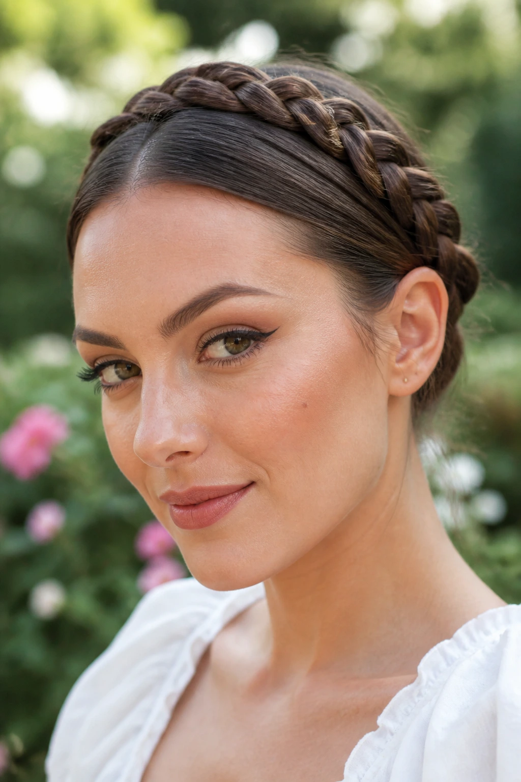 Close-up of a woman with a halo braid around the crown