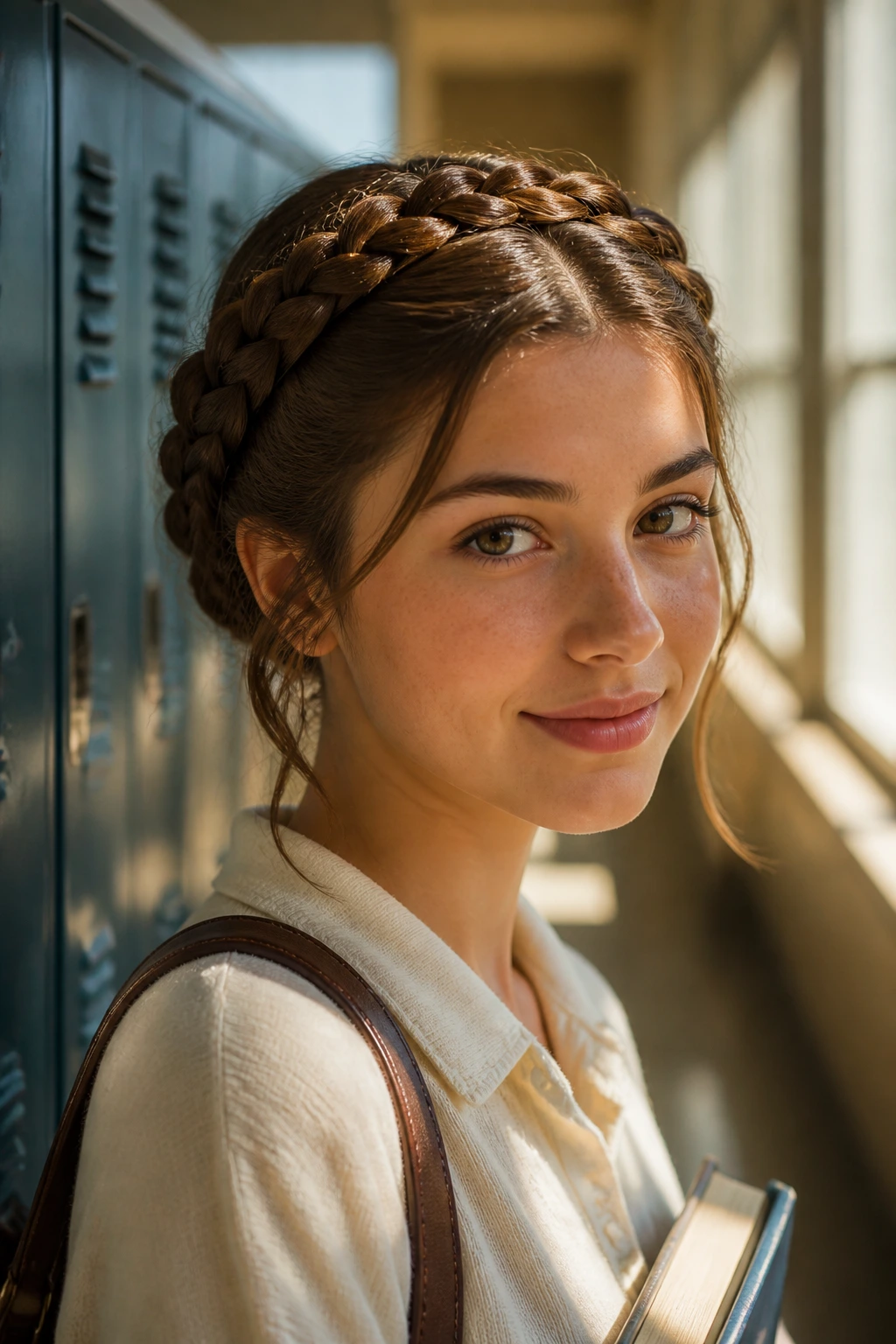 Close-up of a real student with a braided halo hairstyle in a sunlit school hallway