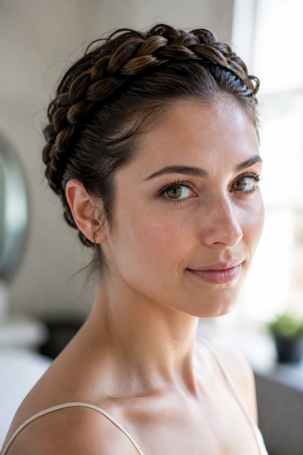 Close-up of a real woman wearing a braided halo updo, crown of braids around the head