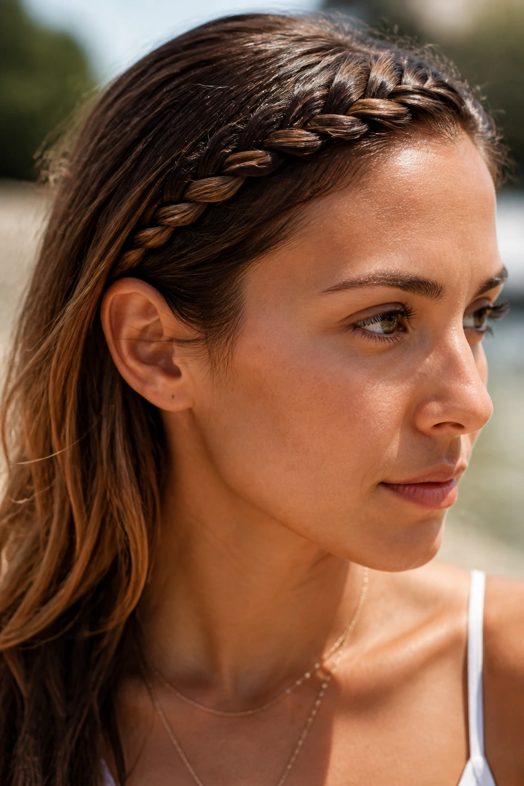 Close-up of a real person wearing a braided headband across the crown