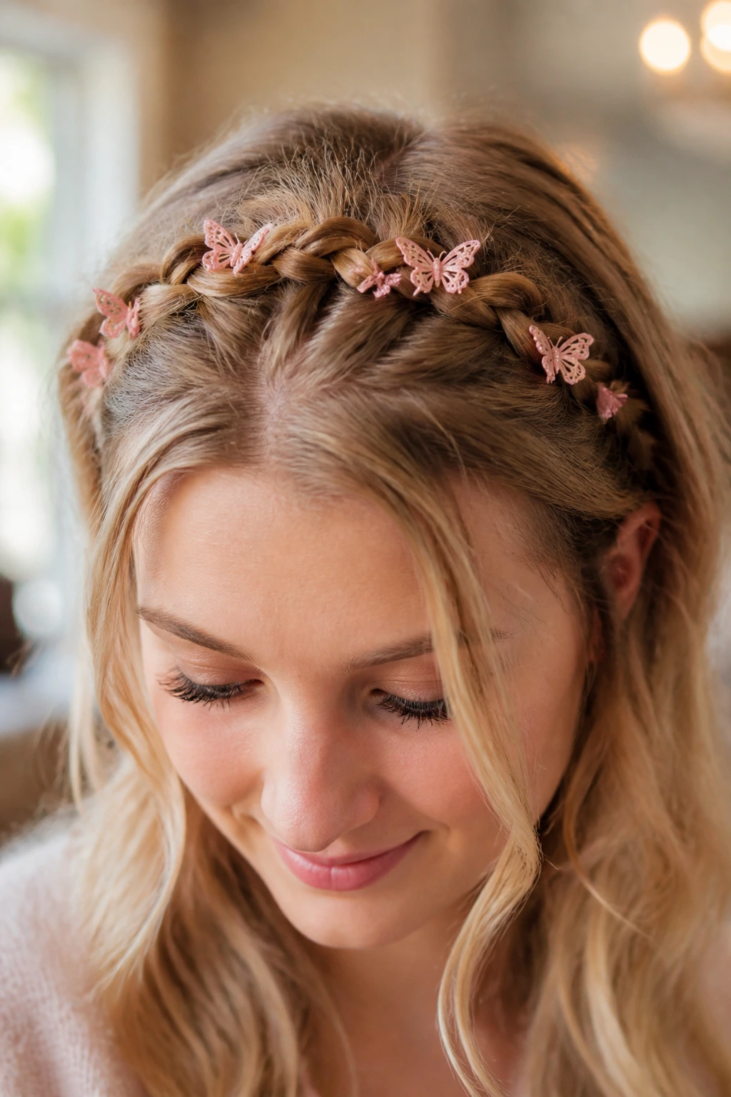 Close-up of a real person with a braided headband and mini pink butterflies