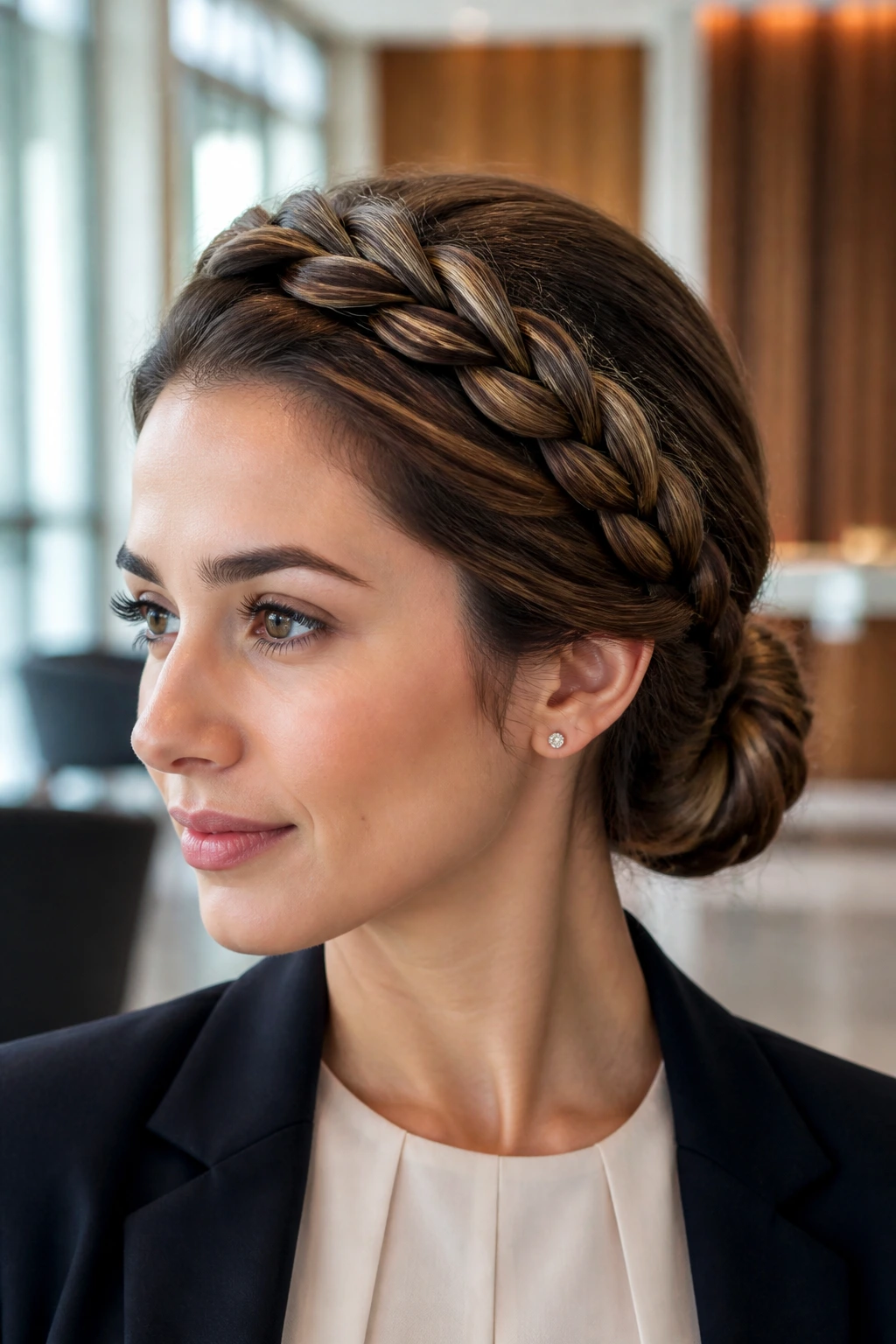 Close-up of a real woman with a braided headband and low chignon in an office setting