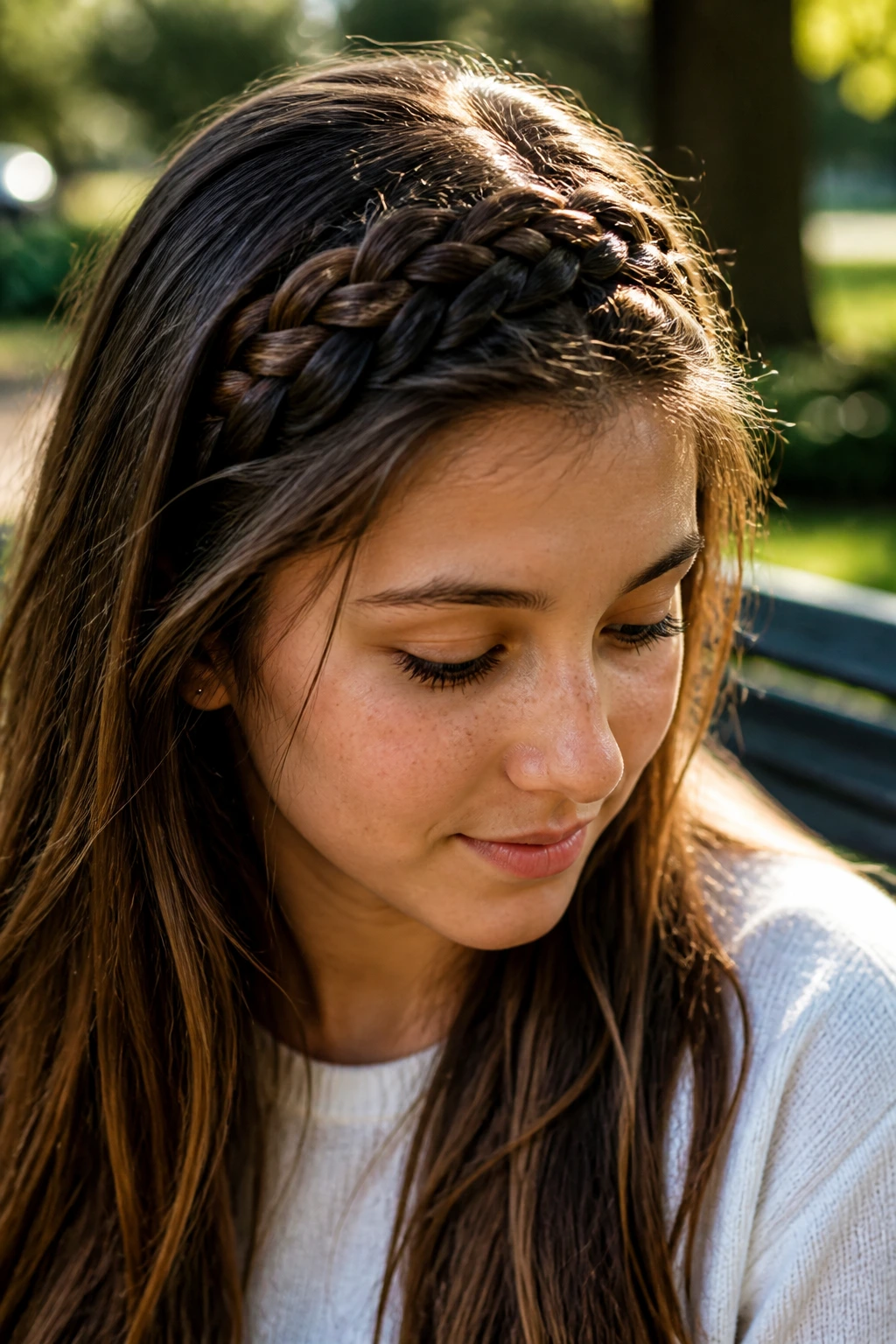 Close-up of a real person wearing a braided headband in chocolate hair outdoors.