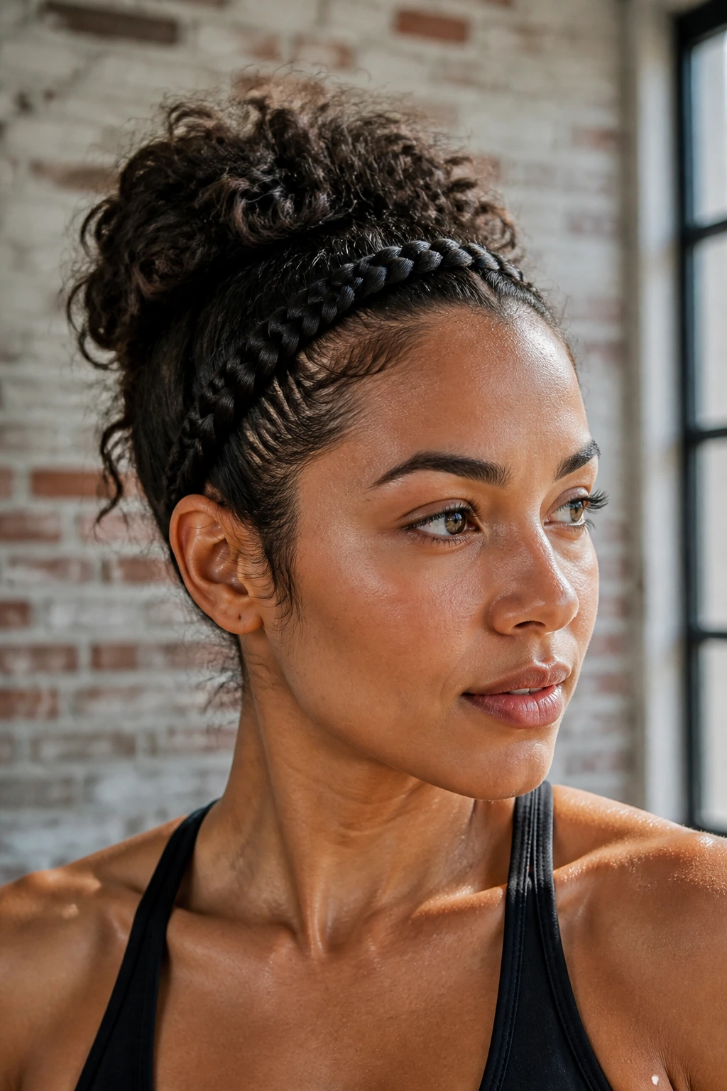 Close-up of a real woman with a front braid forming a headband across the hairline