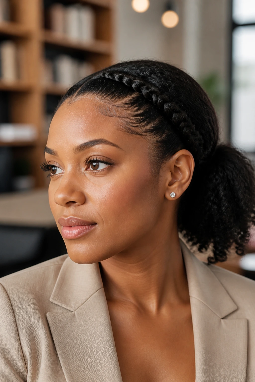Close-up of a woman with a braided headband hairstyle in an office setting