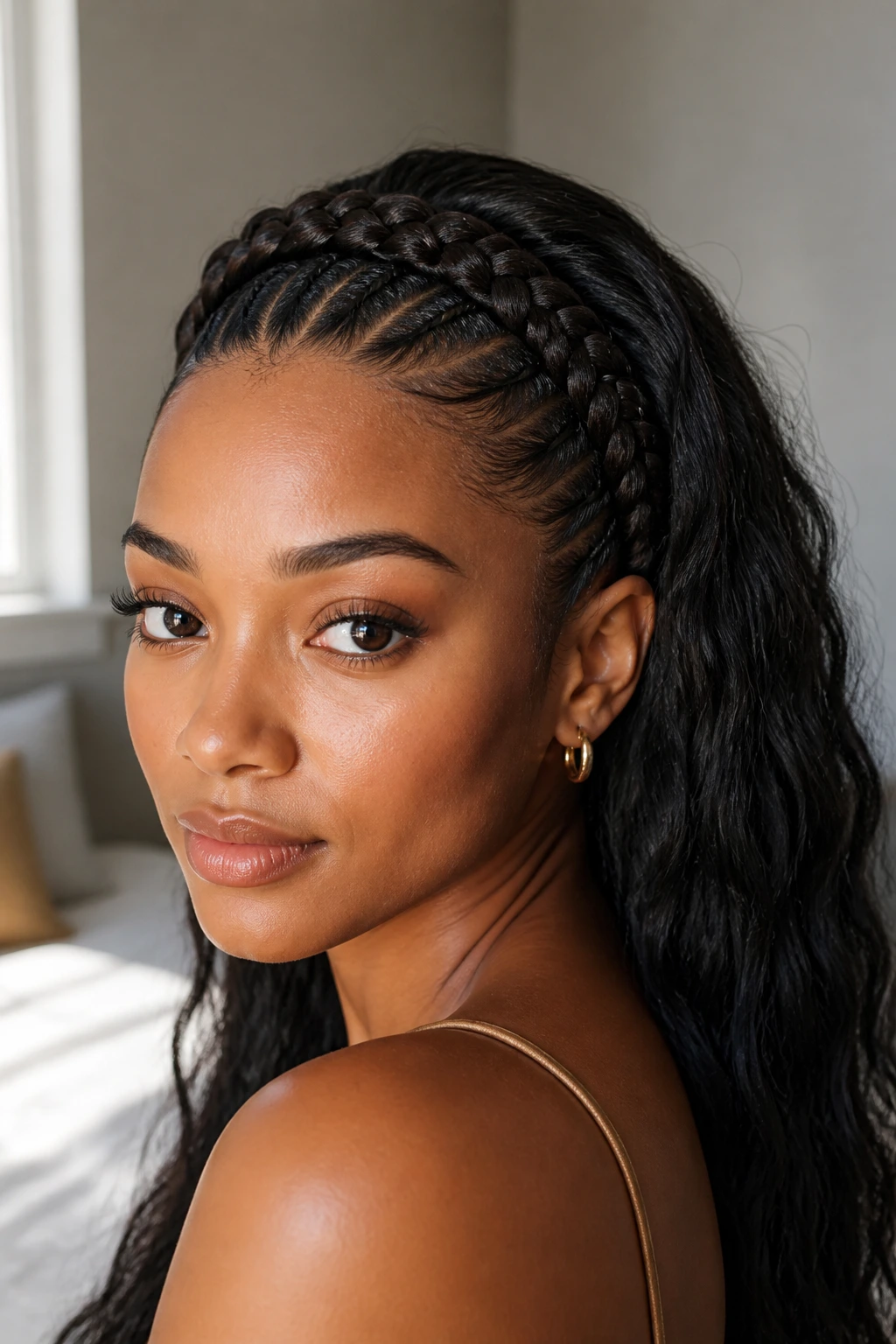Close-up of a real woman wearing a braided headband cornrow across the front, natural window light.