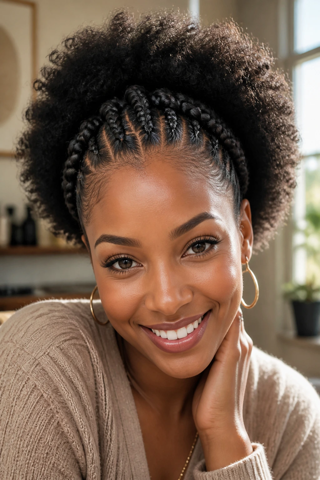 Close-up of a real woman wearing a braided headband across the front