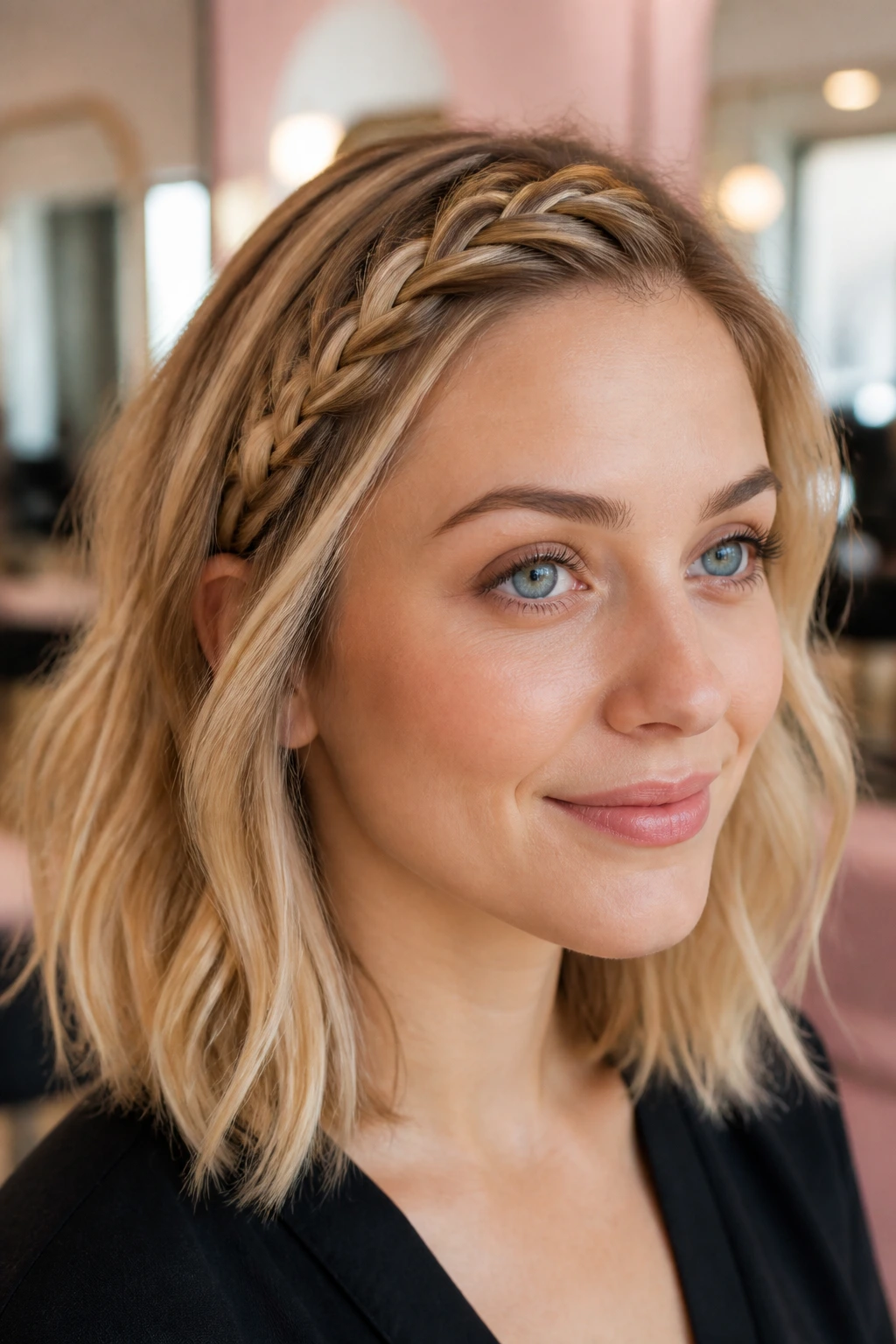 Close-up of a person wearing a Dutch braid along hairline