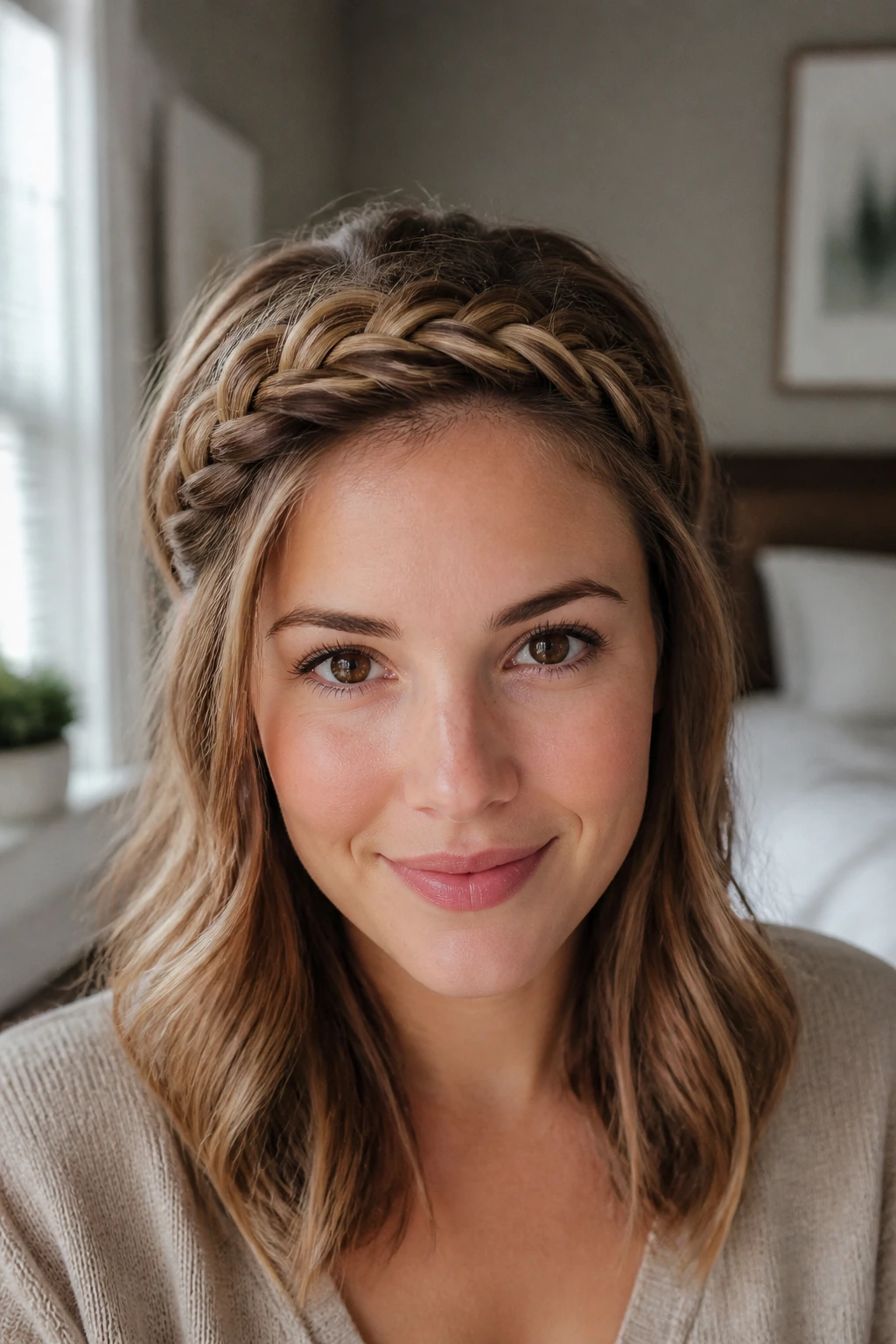 Close-up of a real woman with a Dutch braid forming a headband across the crown