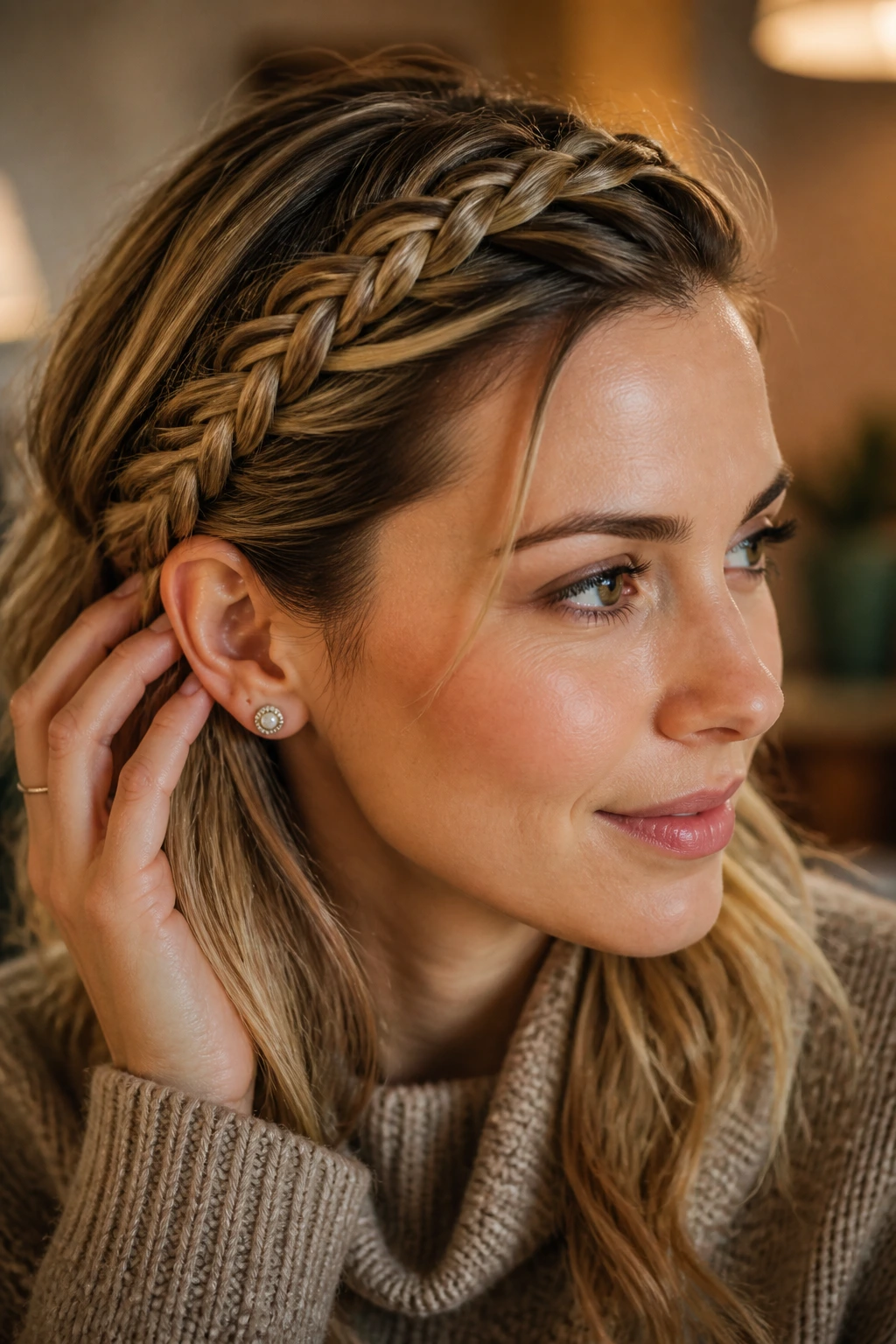 Close-up of a real woman with a braided headband along the hairline