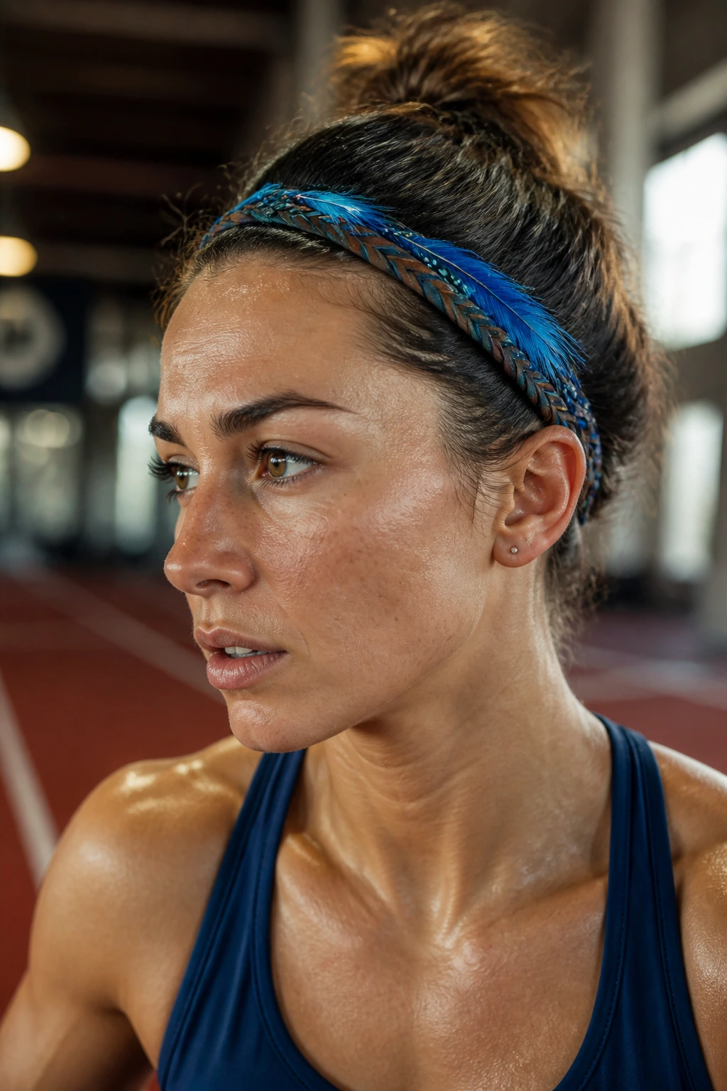 Close-up of an athlete wearing a braided headband with blue feathers in a gym
