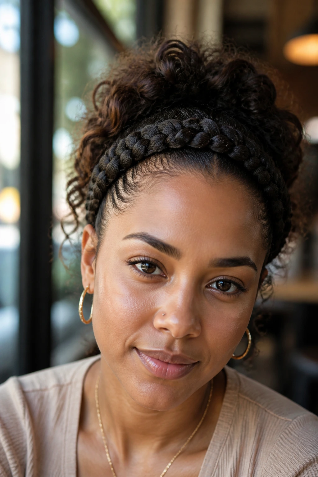 Close-up portrait of a real woman with a thick braided headband across the hairline.