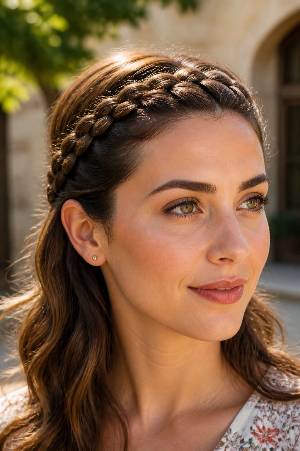 Close-up of a real woman with a braided headband across the front