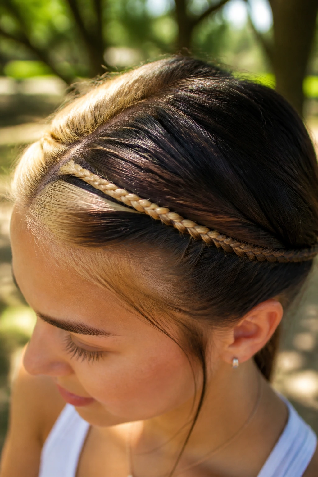 Real woman wearing a braided headband showing Gemini two-tone hair
