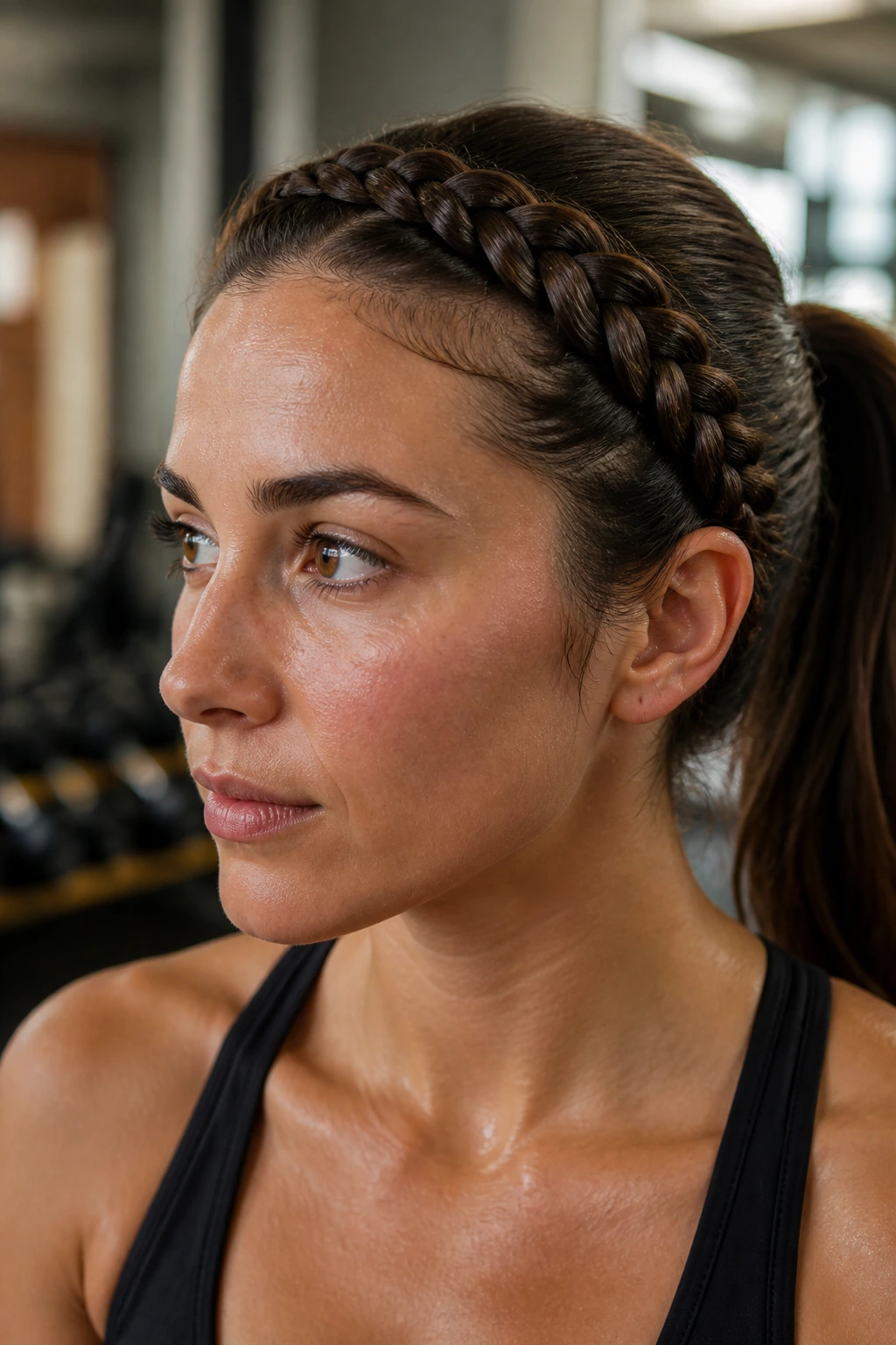Real woman wearing a Dutch braid headband during workout, hair away from face
