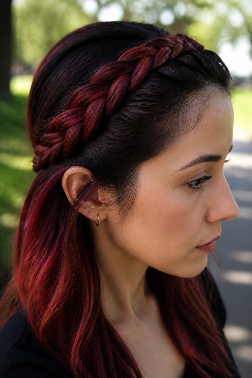 Close-up of a real woman wearing a braided headband across the crown with red-to-black hair.