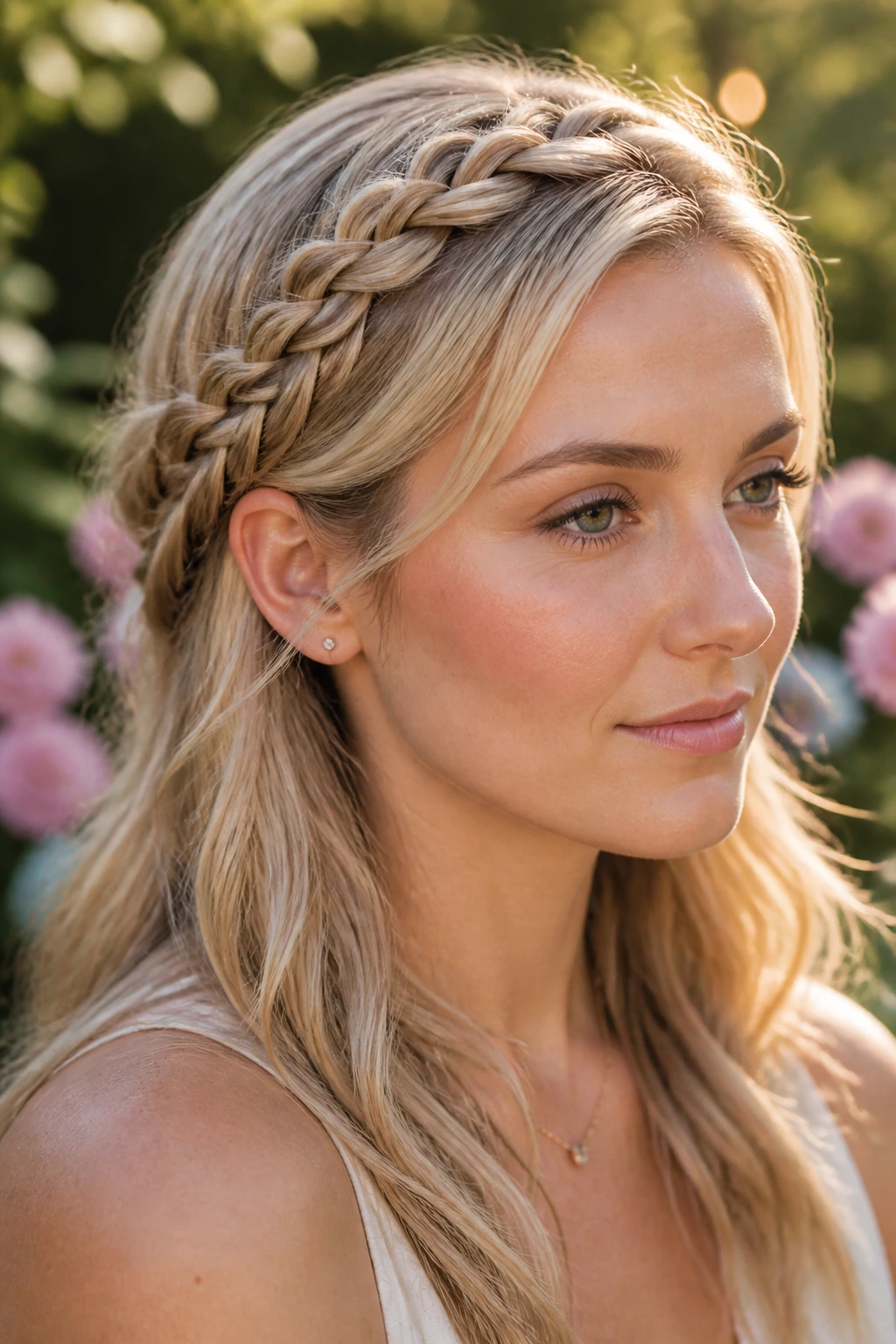 Close-up of a real woman wearing a braided headband across the crown outdoors at golden hour