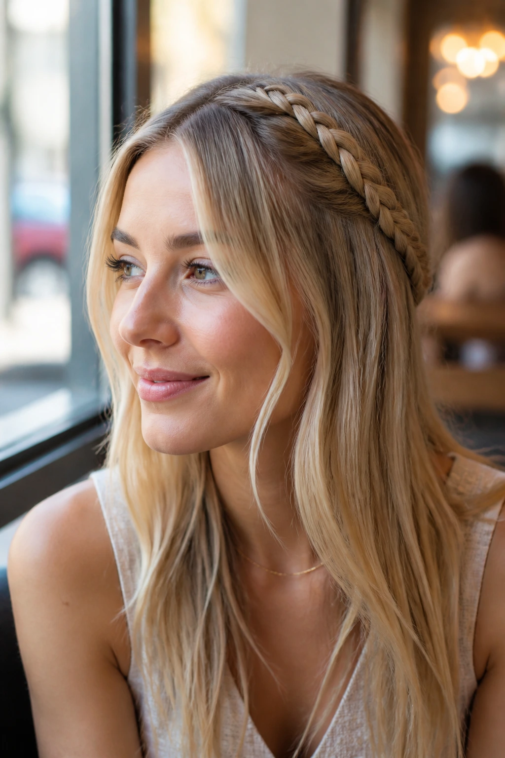 Real woman with a braided headband across the crown