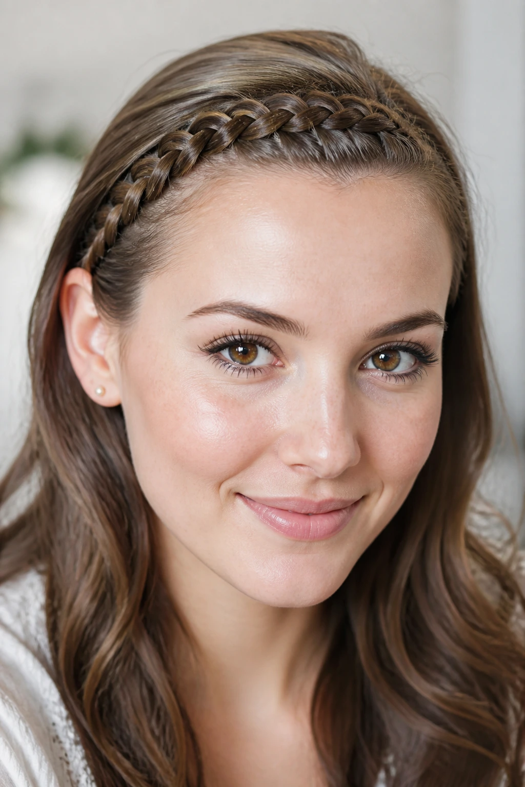 Close-up of a real woman with a braided headband along the hairline