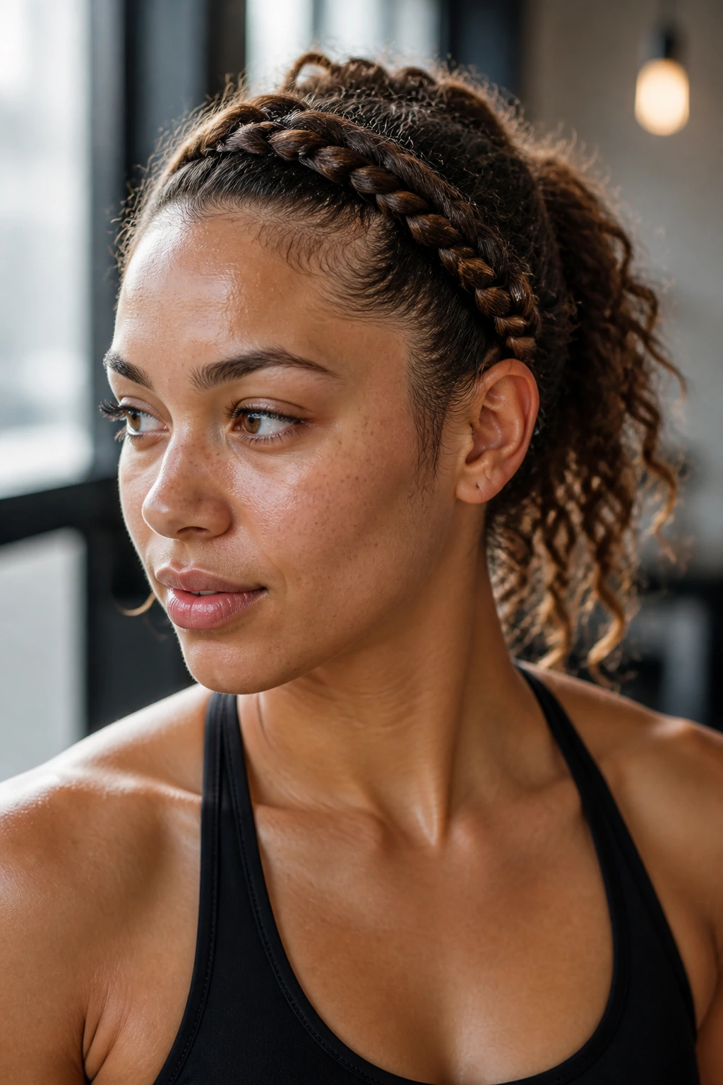 Close-up portrait of a real woman wearing a braided headband across her forehead during a workout