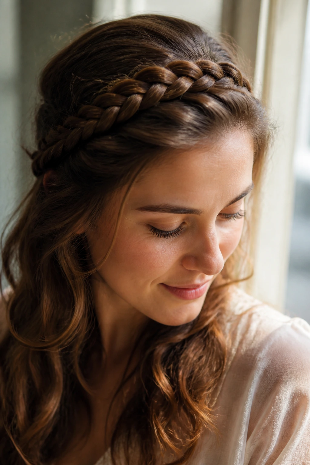 Close-up of real person wearing a braided headband hairstyle