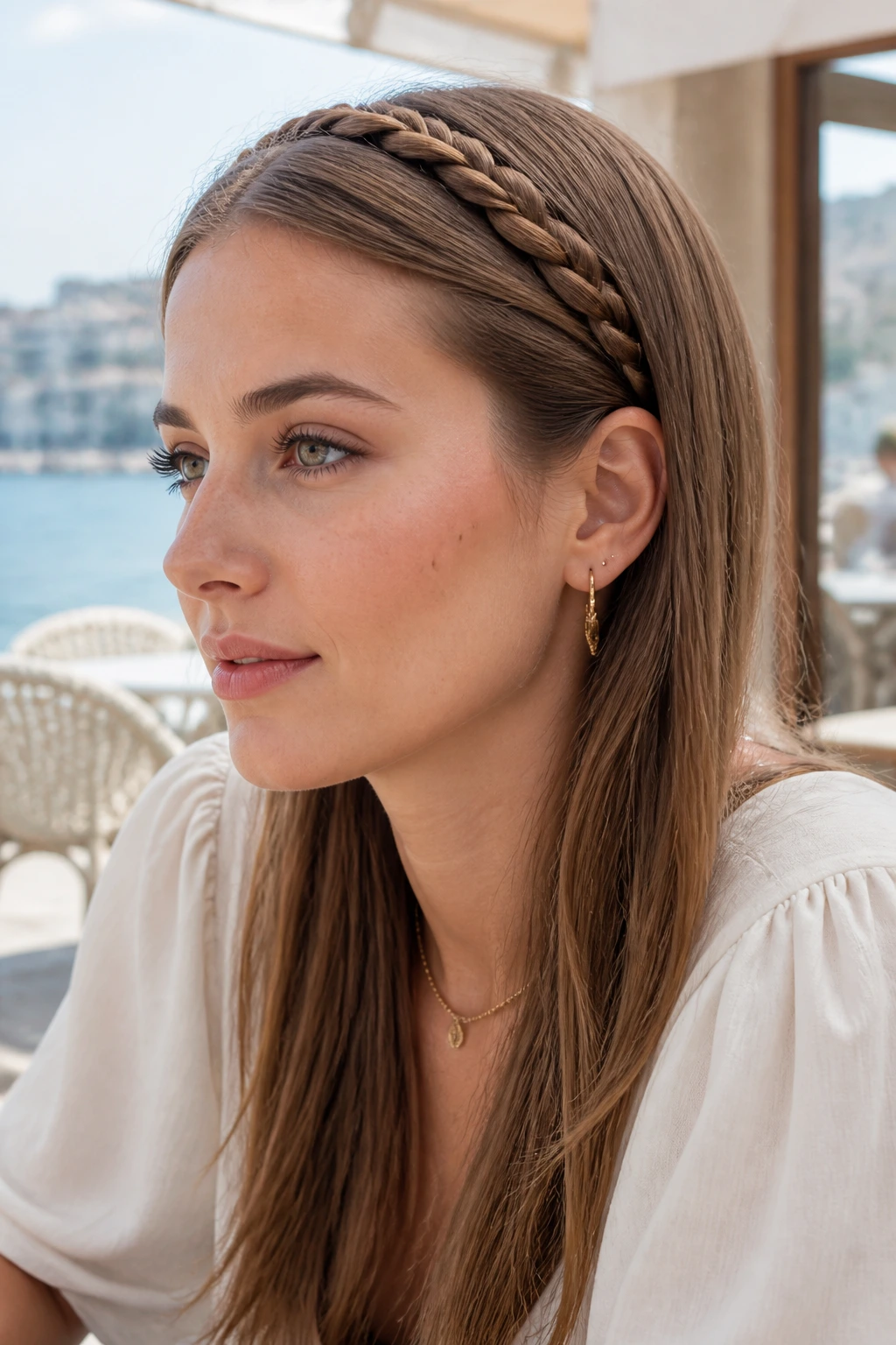 Close-up of a woman with a braided headband across the top of the head