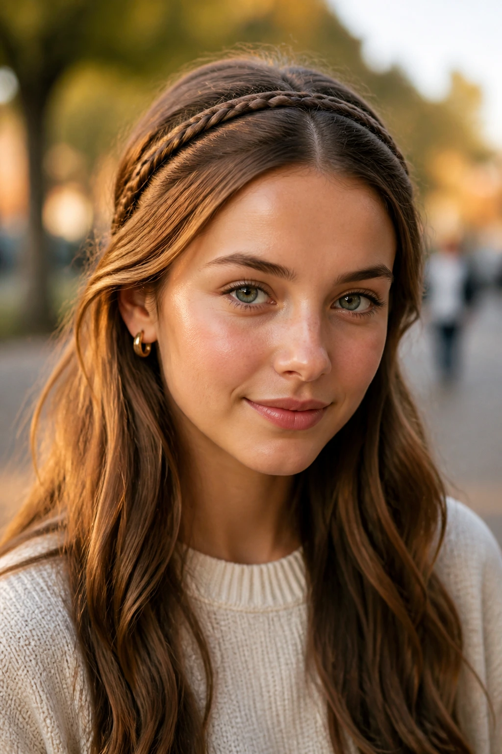 Close-up of two thin braids forming a headband across the crown on a real person