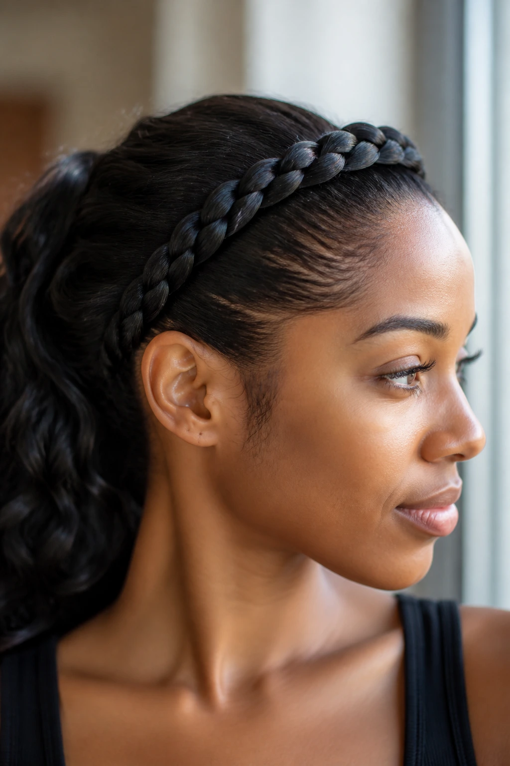 Side profile of a woman with a braided headband across the hairline