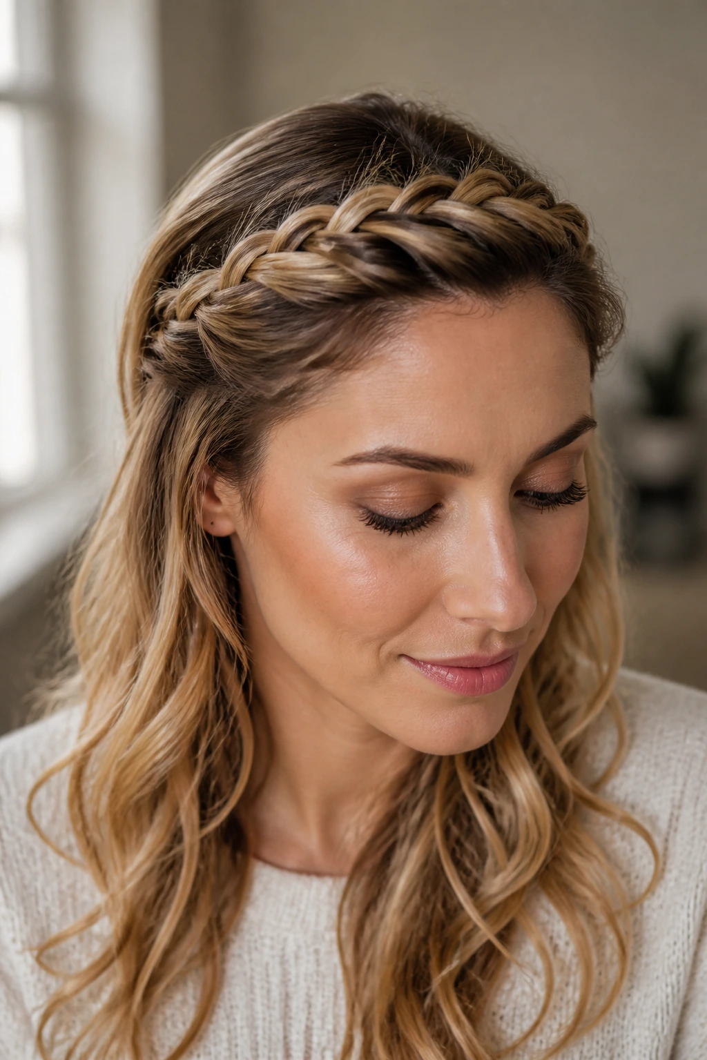 Close-up of a real woman showing a braided headband across the crown