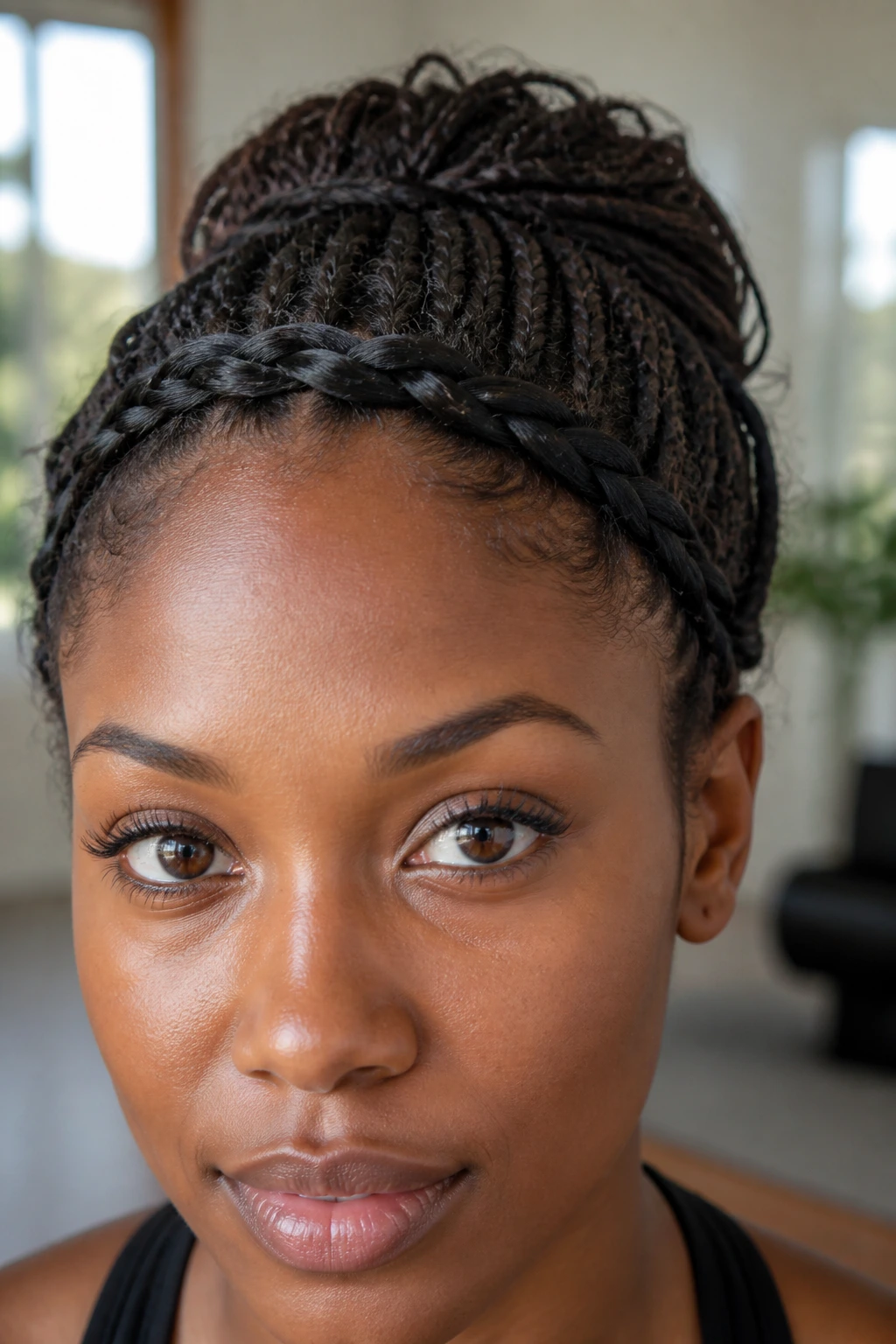 Close-up of a real woman wearing a braided headband illusion made from tree braids