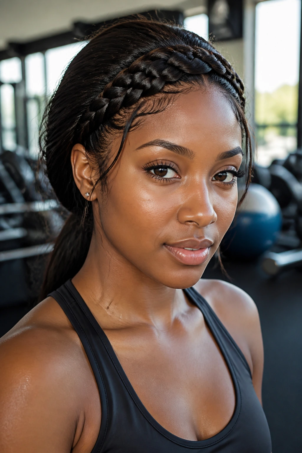 Close-up of a real woman with a braided forehead headband in a gym