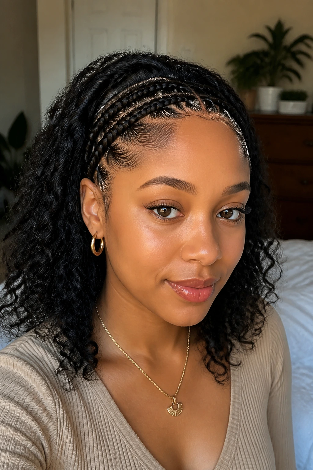 Close-up of real woman with braided headband and loose curls in a warm bedroom light
