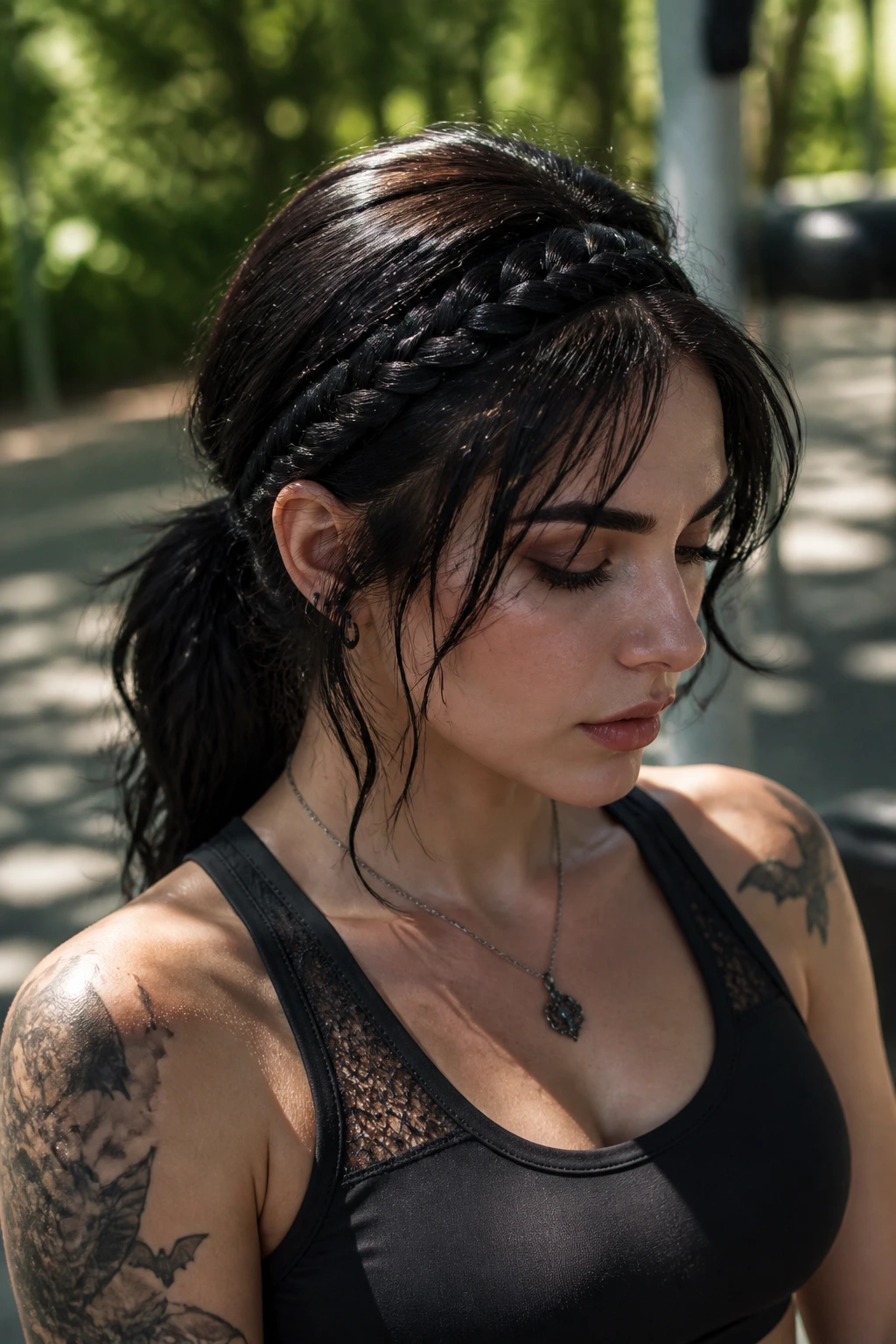 Real person wearing braided headband with loose ends outdoors