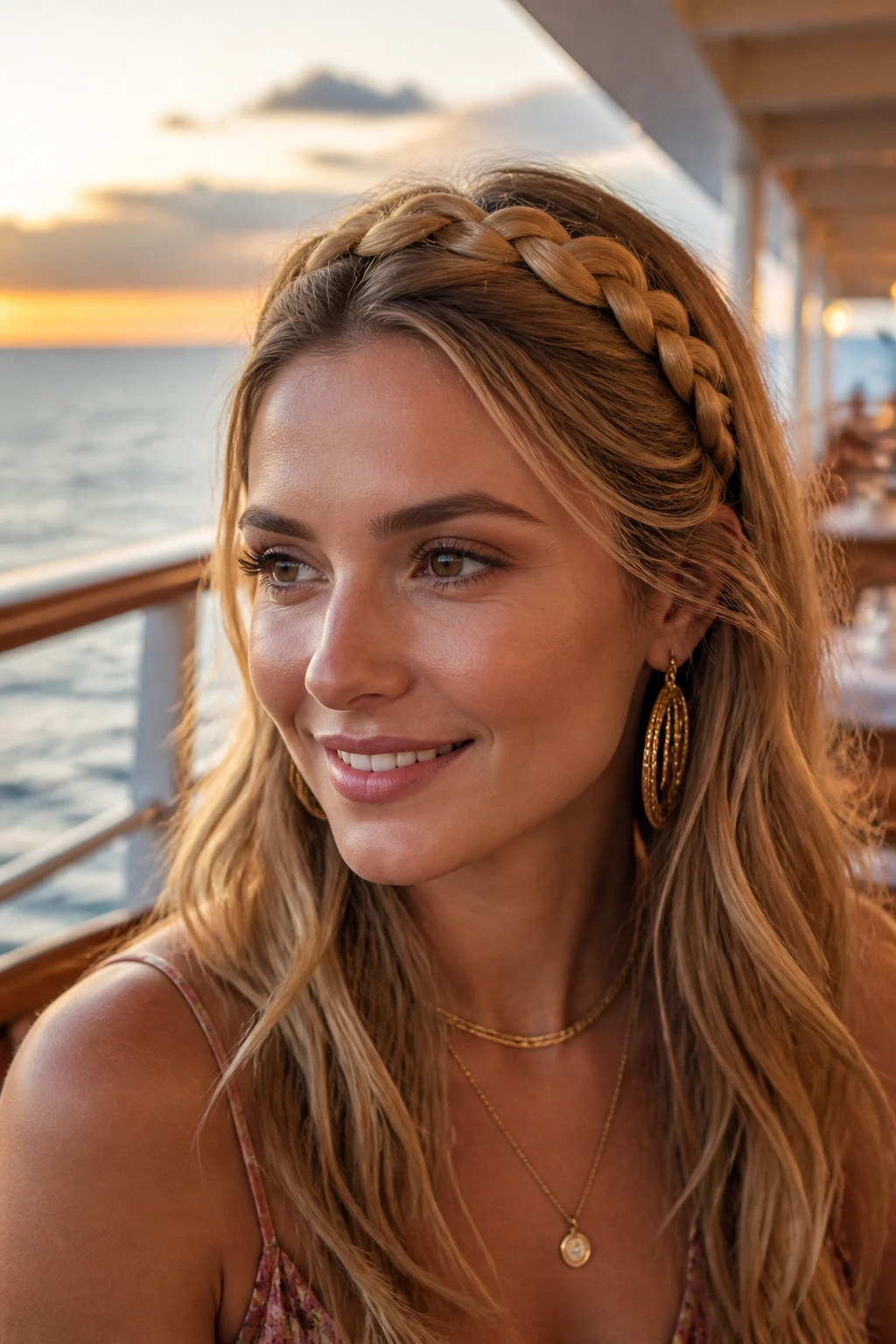Close-up of a woman wearing a braided headband with loose length on a cruise ship deck