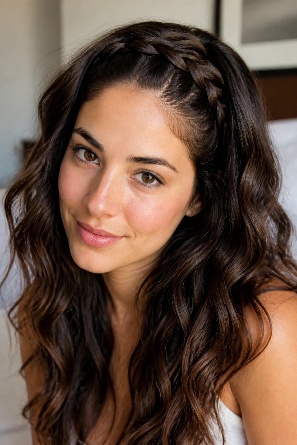 Close-up portrait of a real woman with a braided headband across the crown on loose textured hair