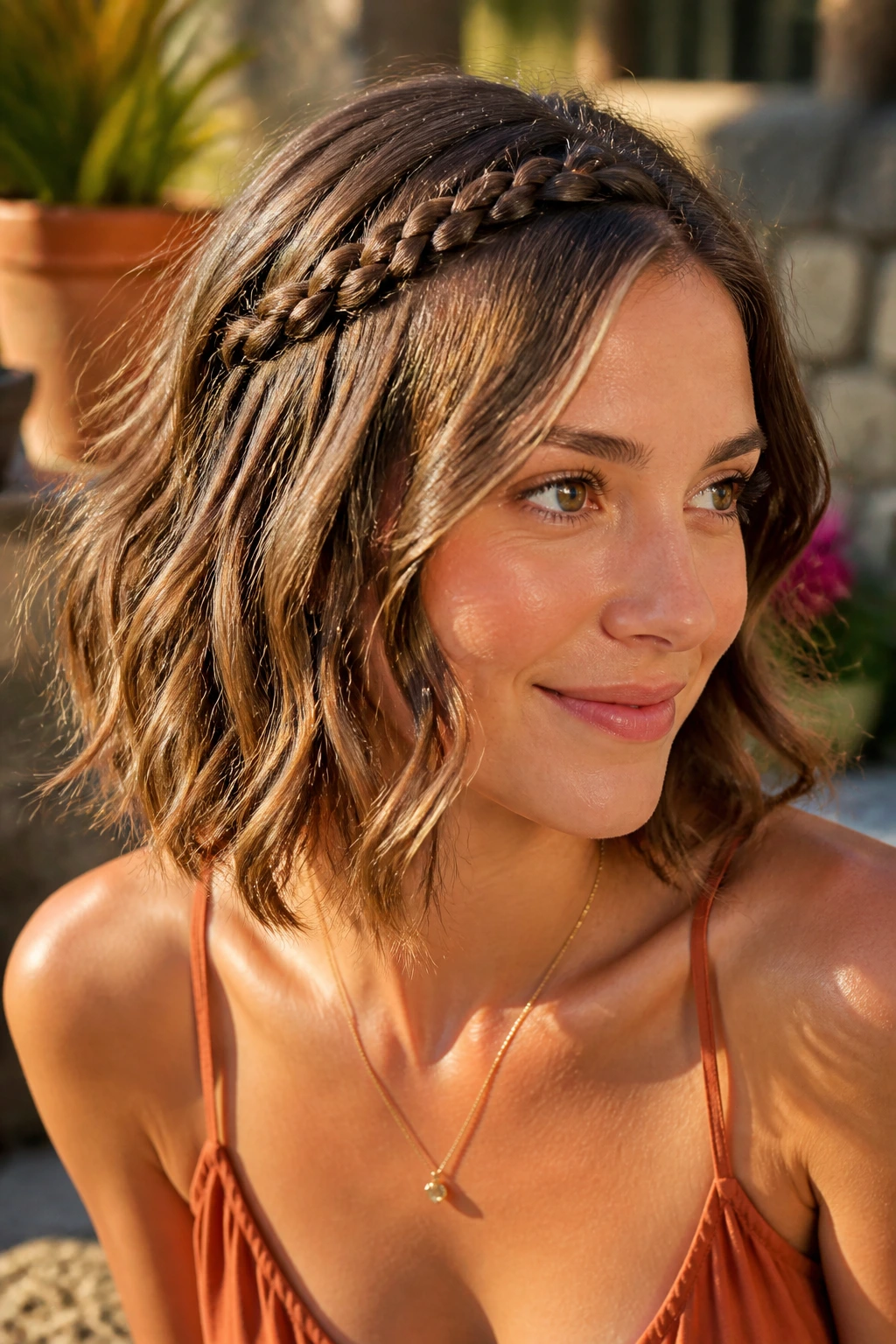 Close-up of a woman with braided headband and loose waves in golden hour outdoor light.