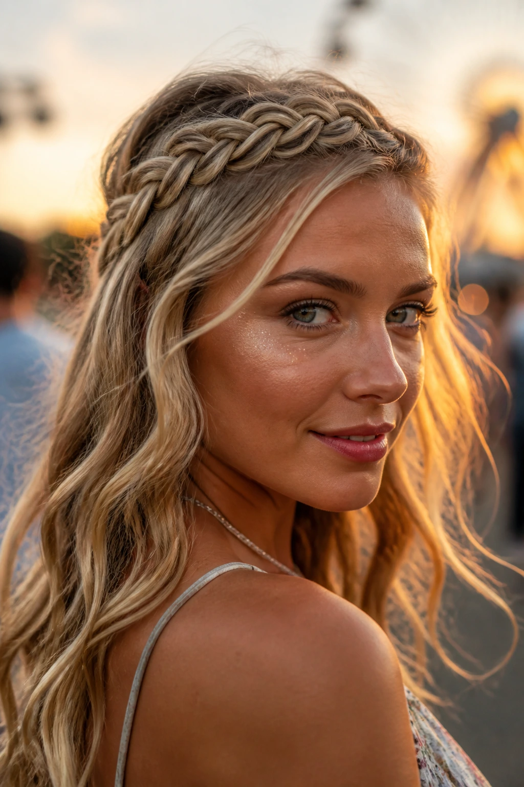 Real person with braided headband and loose waves