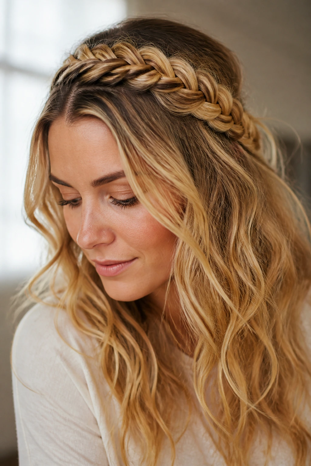 Close-up of a real woman wearing a braided headband with loose waves