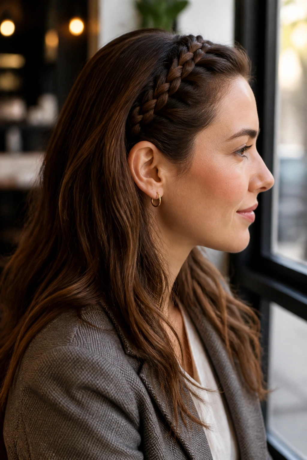 Side-profile of a woman with a braided headband hairstyle in a cafe