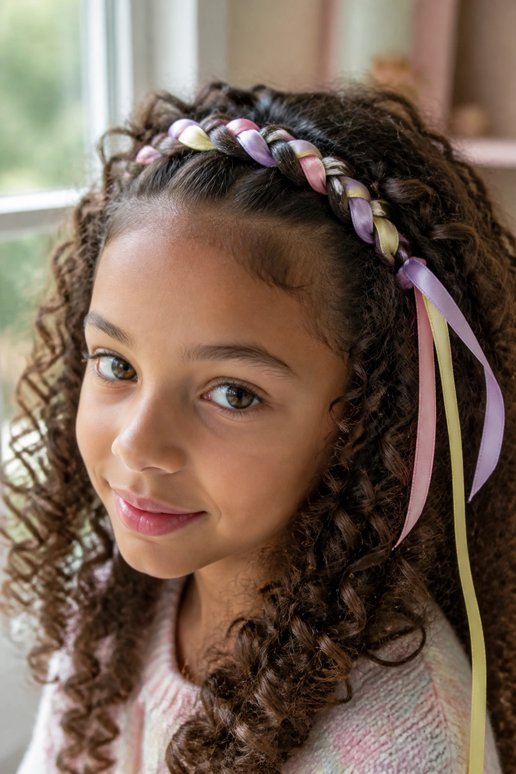 Close-up of a real person wearing a braided headband with pastel ribbon