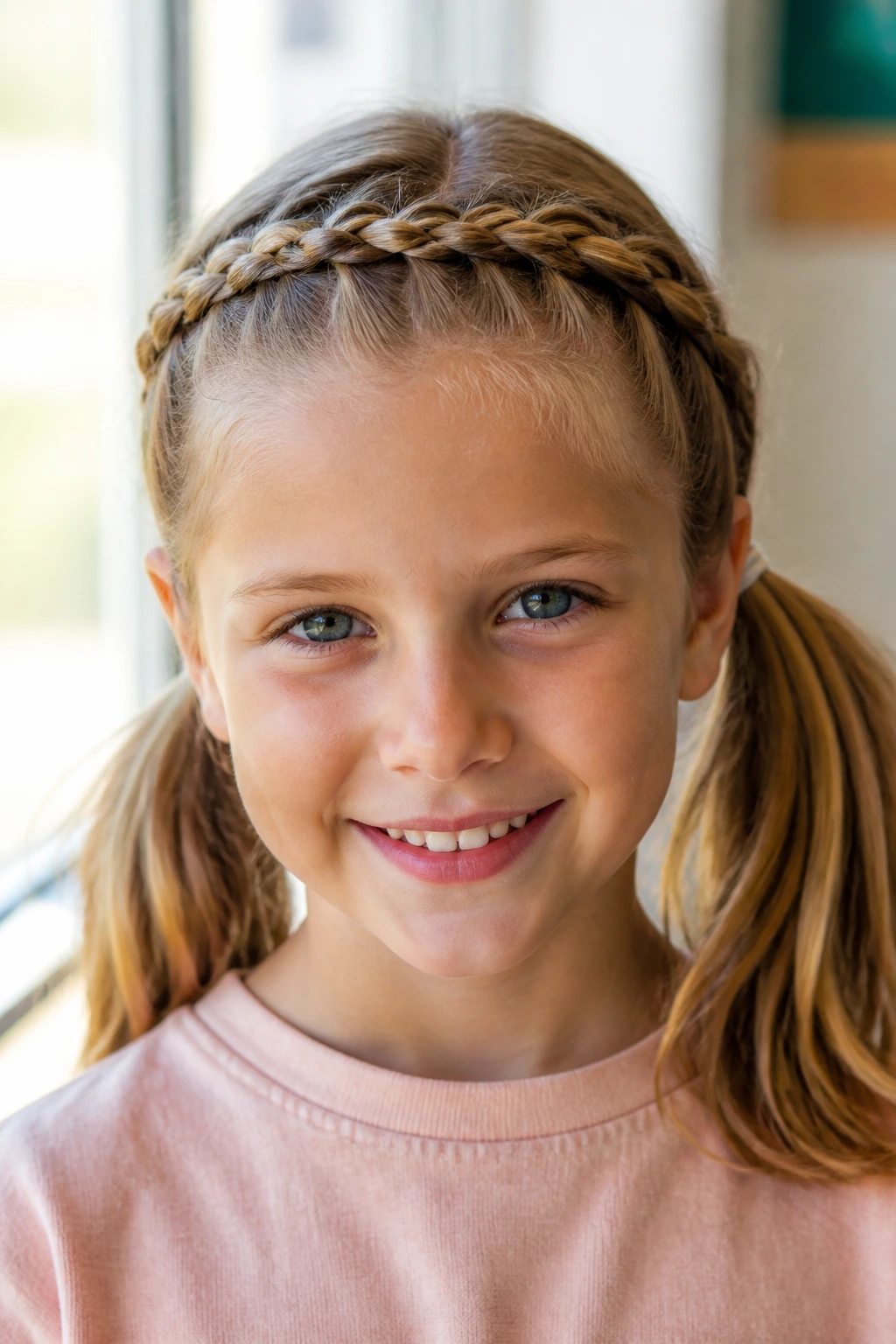 Close-up of child with front Dutch braid and two low pigtails