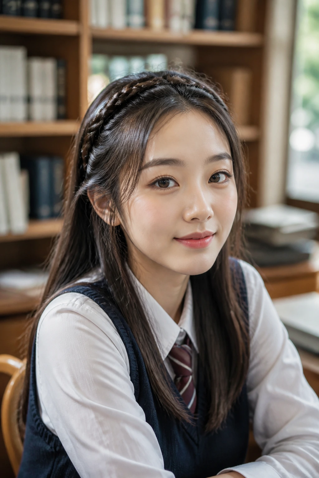 Portrait of a real woman with a braided headband across the crown