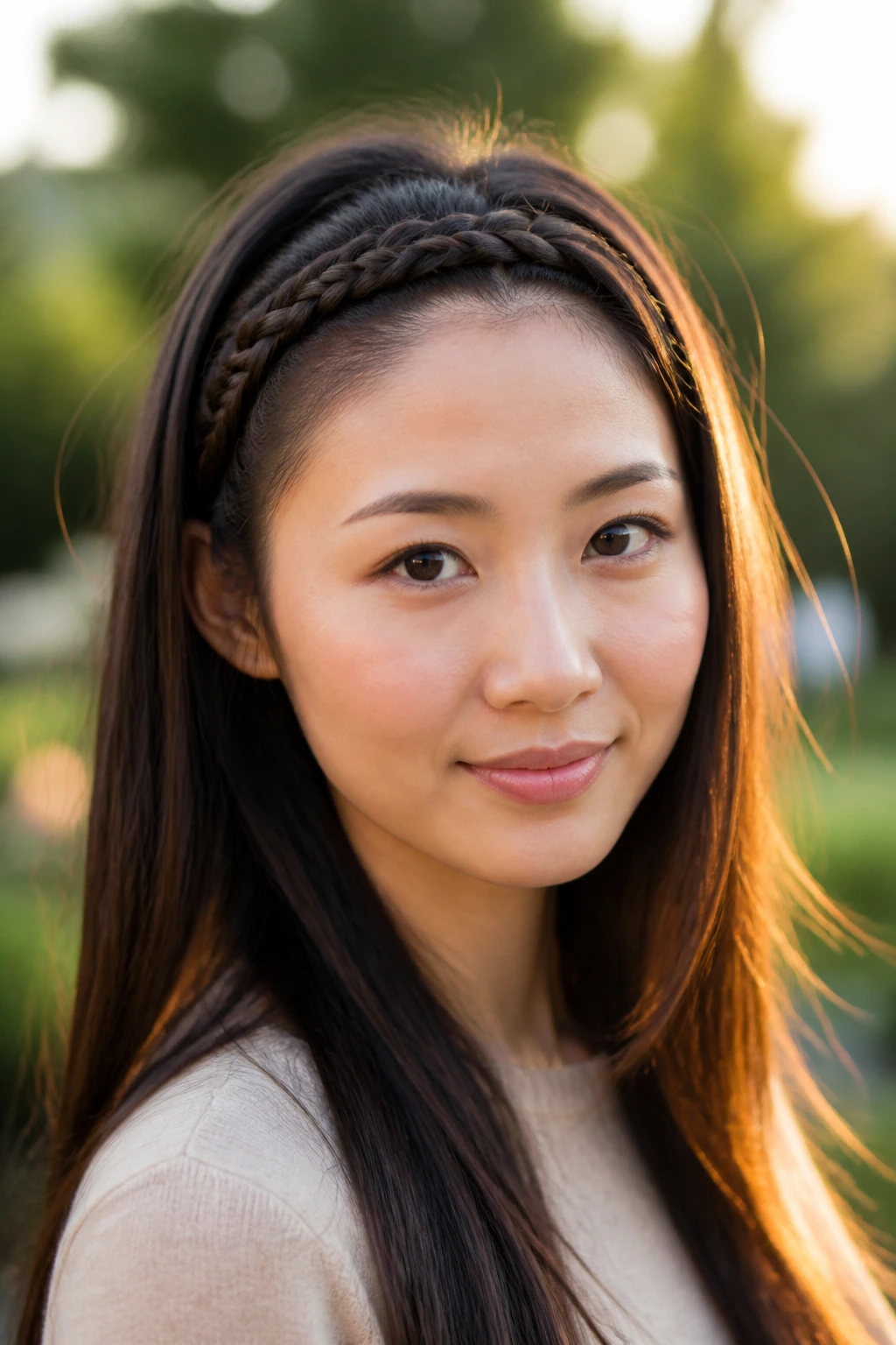 Portrait of a woman wearing a braided headband hairstyle outdoors