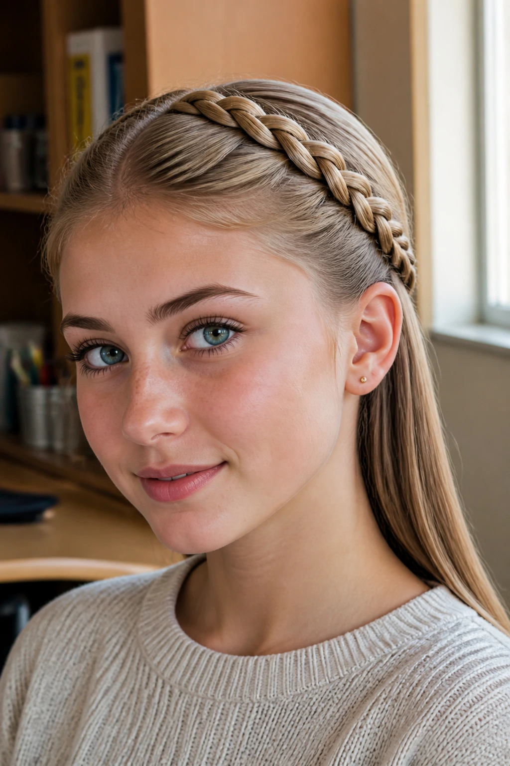 Close-up of Dutch braid crown with sleek back lengths on a real person